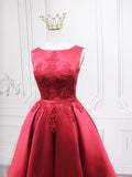 Burgundy Satin Lace Short Prom Dress, A-Line Homecoming Dress HZ0429