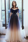 Blue V-Neck Tulle Long Prom Dresses, Off the Shoulder Evening Dresses HZ0429