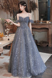 Gray Blue Tulle Long Prom Dresses, A-Line Spaghetti Straps Evening Dresses HZ0429