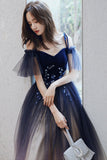 Blue V-Neck Tulle Long Prom Dresses, Off the Shoulder Evening Dresses HZ0429