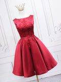 Burgundy Satin Lace Short Prom Dress, A-Line Homecoming Dress HZ0429