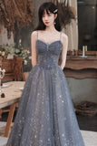 Gray Blue Tulle Long Prom Dresses, A-Line Spaghetti Straps Evening Dresses HZ0429