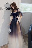 Blue V-Neck Tulle Long Prom Dresses, Off the Shoulder Evening Dresses HZ0429