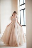 Champagne Puff Sleeve Tulle Long Prom Dress, A-Line Evening Dress HZ0429