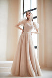 Champagne Puff Sleeve Tulle Long Prom Dress, A-Line Evening Dress HZ0429