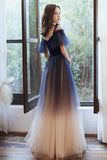 Blue V-Neck Tulle Long Prom Dresses, Off the Shoulder Evening Dresses HZ0429