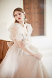 Champagne Puff Sleeve Tulle Long Prom Dress, A-Line Evening Dress HZ0429
