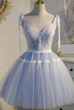 Blue Lace Short A-Line Prom Dress, Cute Spaghetti Strap Party Dress HZ0429