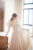 Champagne Puff Sleeve Tulle Long Prom Dress, A-Line Evening Dress HZ0429