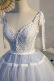 Blue Lace Short A-Line Prom Dress, Cute Spaghetti Strap Party Dress HZ0429