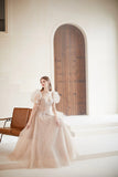 Champagne Puff Sleeve Tulle Long Prom Dress, A-Line Evening Dress HZ0429