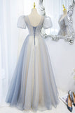 Gray Tulle Beading Long Prom Dresses, A-Line Short Sleeve Formal Evening Dresses HZ0429