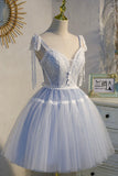 Blue Lace Short A-Line Prom Dress, Cute Spaghetti Strap Party Dress HZ0429