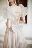 Champagne Puff Sleeve Tulle Long Prom Dress, A-Line Evening Dress HZ0429