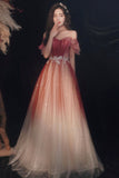 Cute Tulle Sequins Long Prom Dresses, A-Line Ombre Evening Dresses HZ0429