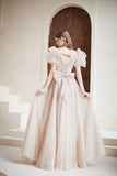 Champagne Puff Sleeve Tulle Long Prom Dress, A-Line Evening Dress HZ0429