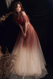 Cute Tulle Sequins Long Prom Dresses, A-Line Ombre Evening Dresses HZ0429