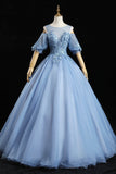 Blue Lace Long A-Line Prom Dresses, Blue Evening Dresses HZ0429
