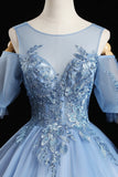 Blue Lace Long A-Line Prom Dresses, Blue Evening Dresses HZ0429