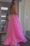 Pink Lace Long Prom Dresses, A-Line Backless Formal Evening Dresses HZ0429