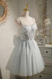 Gray Tulle Short A-Line Prom Dress, Cute Evening Party Dress HZ0429