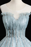 Blue Tulle Sequins Long Prom Dresses, A-Line Evening Dresses HZ0429