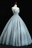 Blue Tulle Sequins Long Prom Dresses, A-Line Evening Dresses HZ0429