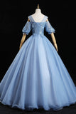 Blue Lace Long A-Line Prom Dresses, Blue Evening Dresses HZ0429