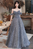 Gray Blue Tulle Long Prom Dresses, A-Line Spaghetti Straps Evening Dresses HZ0429