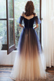 Blue V-Neck Tulle Long Prom Dresses, Off the Shoulder Evening Dresses HZ0429