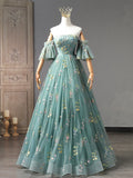 Green Floral Tulle Long Prom Dress, Cute Off Shoulder Evening Party Dress HZ0429