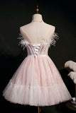 Pink Strapless Lace Short Prom Dress, A-Line Party Dress with Feather HZ0429