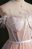 Pink Strapless Lace Short Prom Dress, A-Line Party Dress with Feather HZ0429