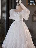 White Tulle Short A-Line Prom Dress, Cute Puff Sleeve Party Dress HZ0429