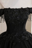 Black Tulle Lace Off the Shoulder Prom Dress, Black A-Line Evening Dress HZ0429