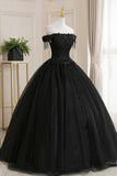 Black Tulle Lace Off the Shoulder Prom Dress, Black A-Line Evening Dress HZ0429