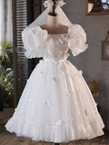 White Tulle Short A-Line Prom Dress, Cute Puff Sleeve Party Dress HZ0429