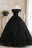 Black Tulle Lace Off the Shoulder Prom Dress, Black A-Line Evening Dress HZ0429