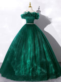 Green Off Shoulder Tulle Formal Dress, A-Line Long Prom Dress HZ0429