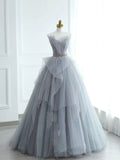 Gray Strapless Tulle Lace Long Prom Dress, A-Line Evening Party Dress HZ0429