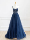 Blue Spaghetti Strap Tulle Sequins Long Prom Dress, Beautiful A-Line Evening Party Dress HZ0429