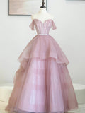Pink Tulle Sequins Long Prom Dress, Off Shoulder Evening Dress HZ0429