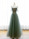 A-Line Green Tulle Long Prom Dress, Off the Shoulder Evening Party Dress HZ0429