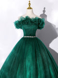 Green Off Shoulder Tulle Formal Dress, A-Line Long Prom Dress HZ0429
