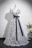 Silver Sequins Long Prom Dress, V-Neck Bow Sash Short Sleeve Backless Party Dress HZ0429