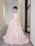 Pink Satin Long Prom Dress, Beautiful A-Line Strapless Evening Party Dress HZ0429