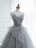 Gray Strapless Tulle Lace Long Prom Dress, A-Line Evening Party Dress HZ0429