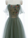 A-Line Green Tulle Long Prom Dress, Off the Shoulder Evening Party Dress HZ0429