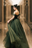 Beautiful Green Tulle Long Prom Dress, A-Line Off the Shoulder Graduation Dress HZ0429