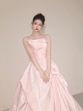 Pink Satin Long Prom Dress, Beautiful A-Line Strapless Evening Party Dress HZ0429
